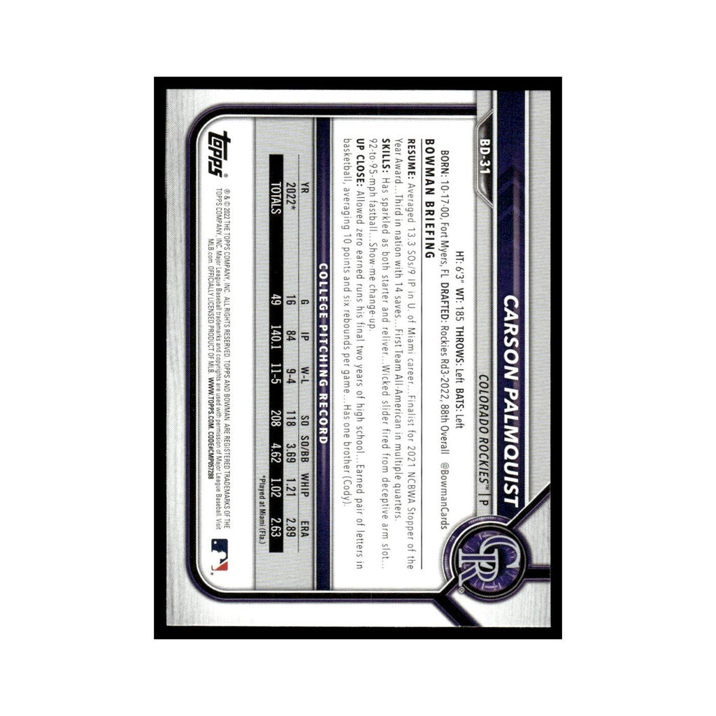 Carson Palmquist 2022 Bowman Draft #BD-31 Colorado Rockies Baseball Card NM