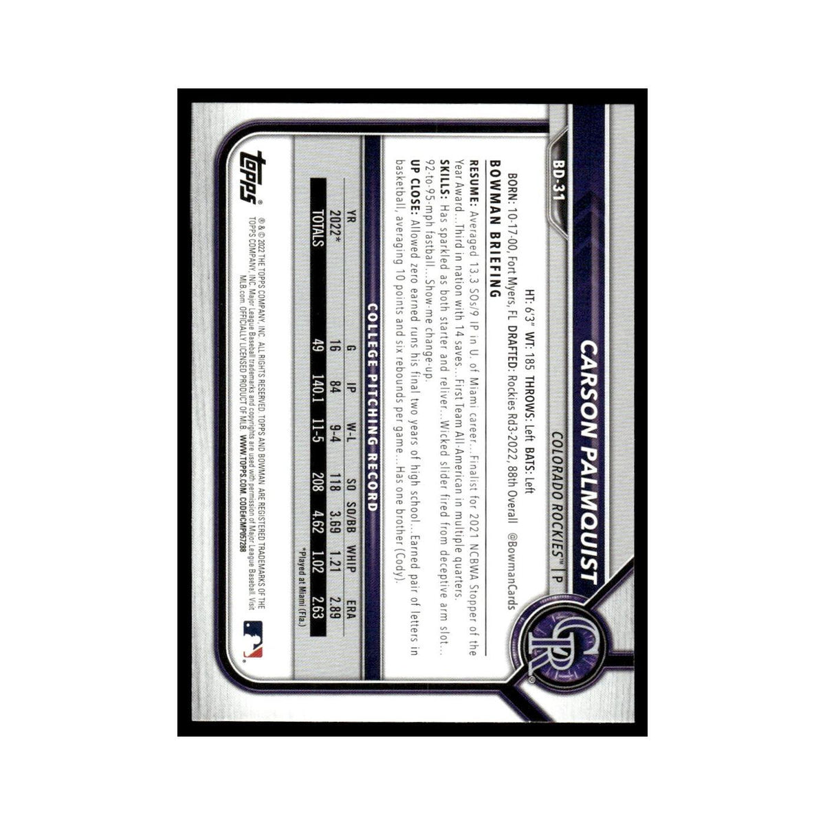 Carson Palmquist 2022 Bowman Draft #BD-31 Colorado Rockies Baseball Card NM