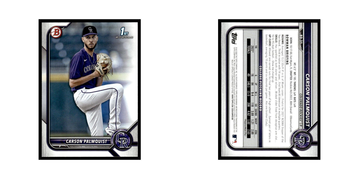 Carson Palmquist 2022 Bowman Draft #BD-31 Colorado Rockies Baseball Card NM
