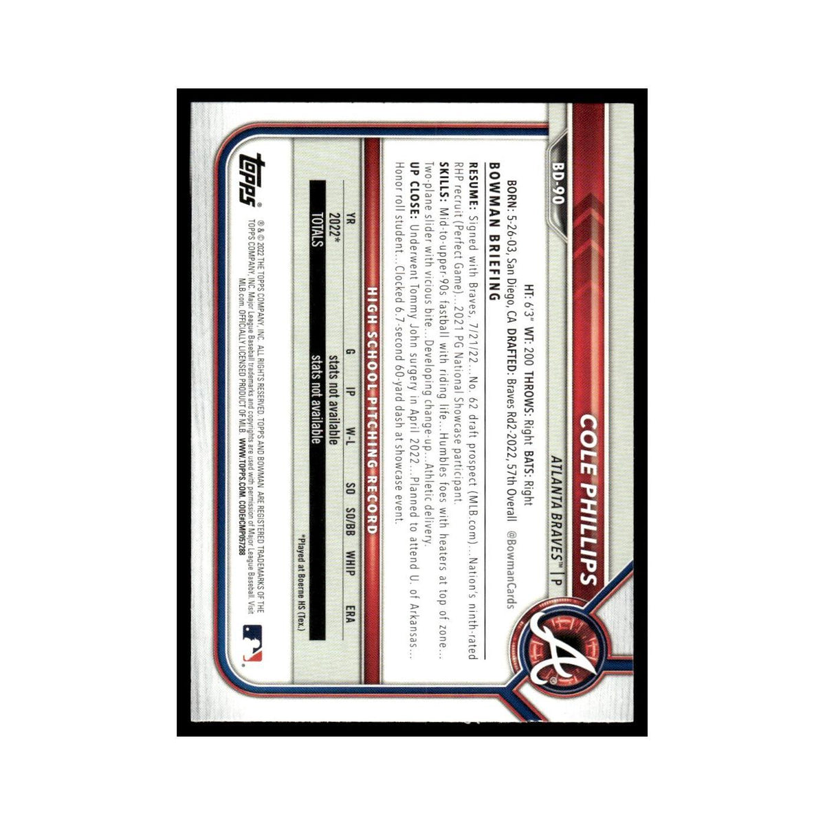 Cole Phillips 2022 Bowman Draft #BD-90 Atlanta Braves Baseball Card NM