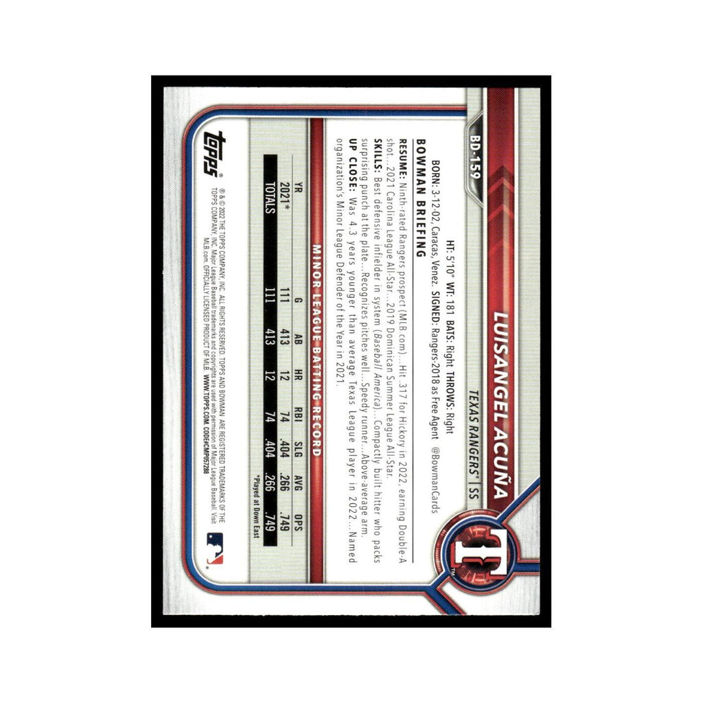 Luisangel Acuna 2022 Bowman Draft #BD-159 Texas Rangers Baseball Card NM