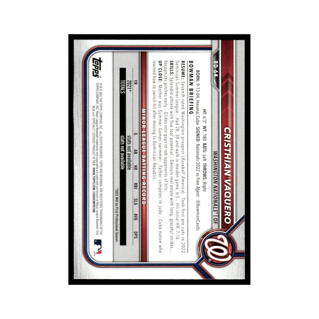 Cristhian Vaquero 2022 Bowman Draft #BD-64 Washington Nationals Baseball Card NM