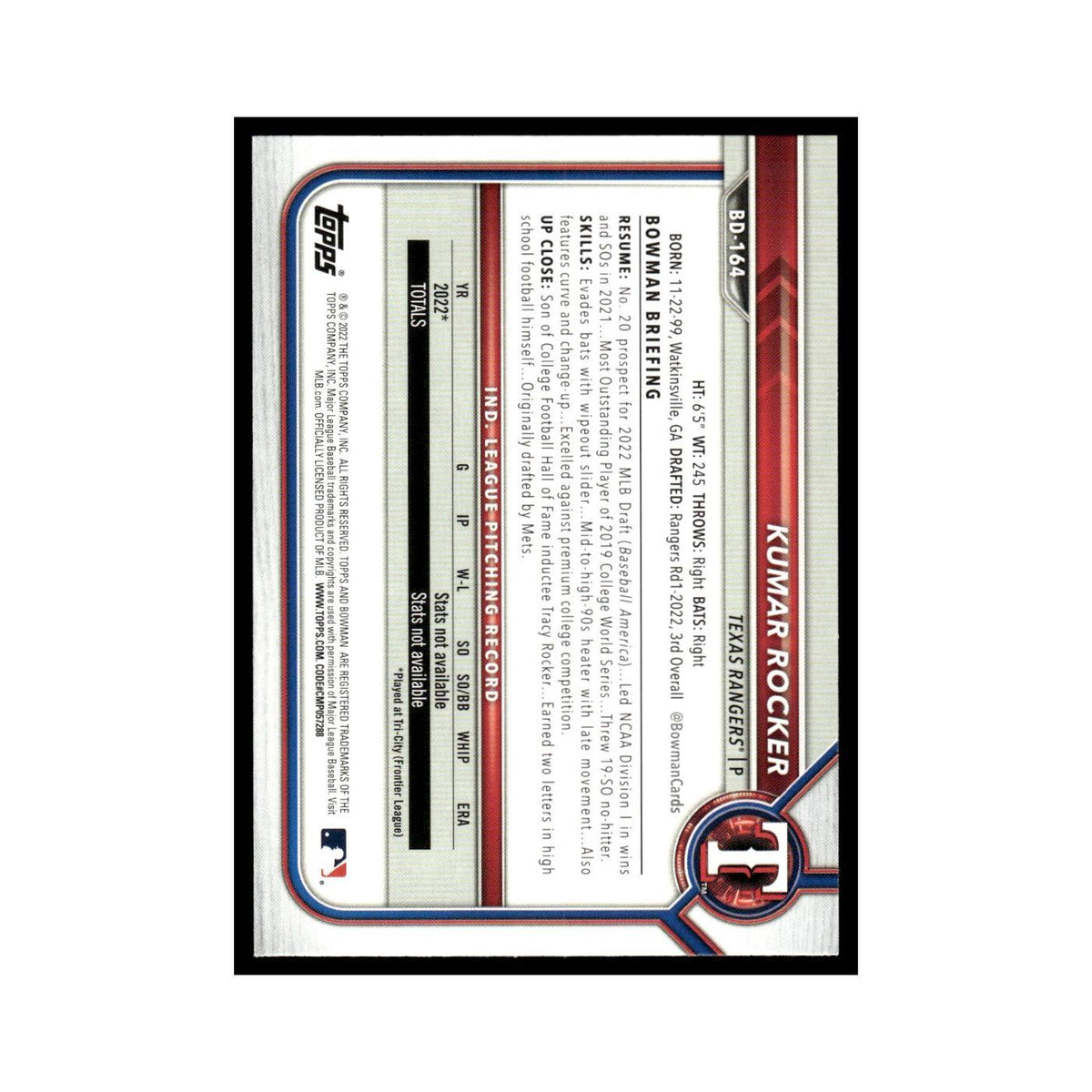 Kumar Rocker 2022 Bowman Draft #BD-164 Texas Rangers Baseball Card NM