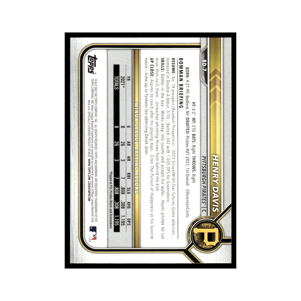 Henry Davis 2022 Bowman Draft #BD-7 Pittsburgh Pirates Baseball Card NM