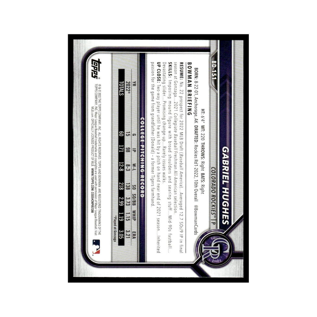 Gabriel Hughes 2022 Bowman Draft #BD-151 Colorado Rockies Baseball Card NM