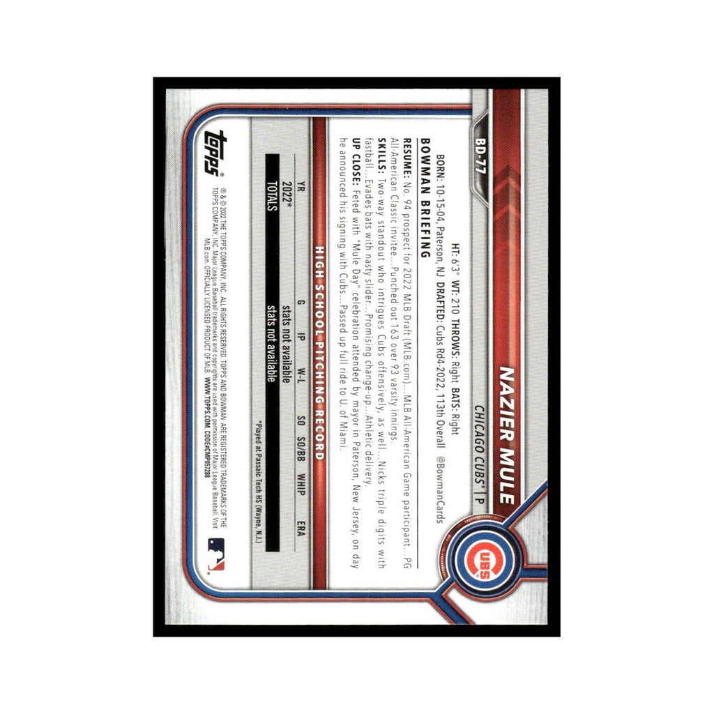 Nazier Mule 2022 Bowman Draft #BD-77 Chicago Cubs Baseball Card NM