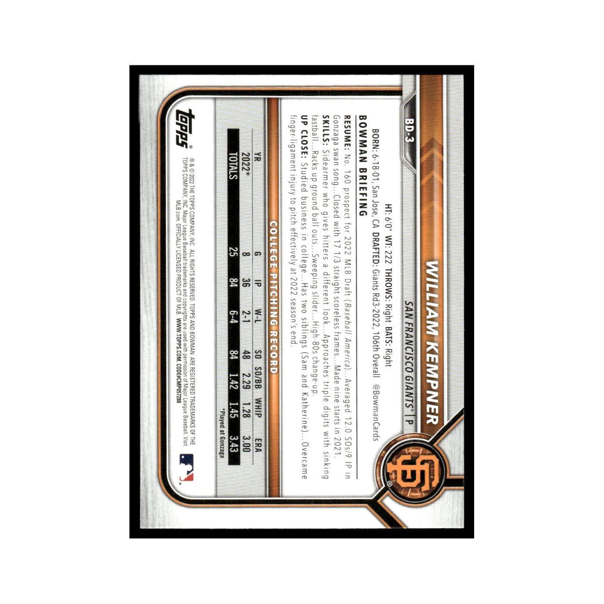 William Kempner 2022 Bowman Draft #BD-3 San Francisco Giants Baseball Card NM