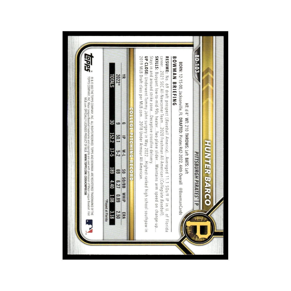 Hunter Barco 2022 Bowman Draft #BD-103 Pittsburgh Pirates Baseball Card NM