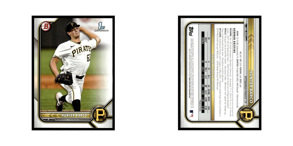 Hunter Barco 2022 Bowman Draft #BD-103 Pittsburgh Pirates Baseball Card NM