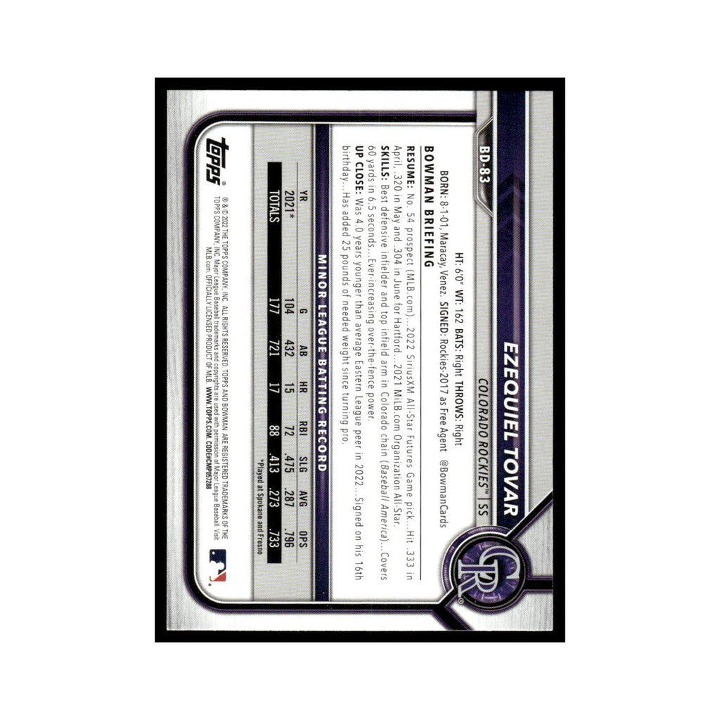 Ezequiel Tovar 2022 Bowman Draft #BD-83 Colorado Rockies Baseball Card NM