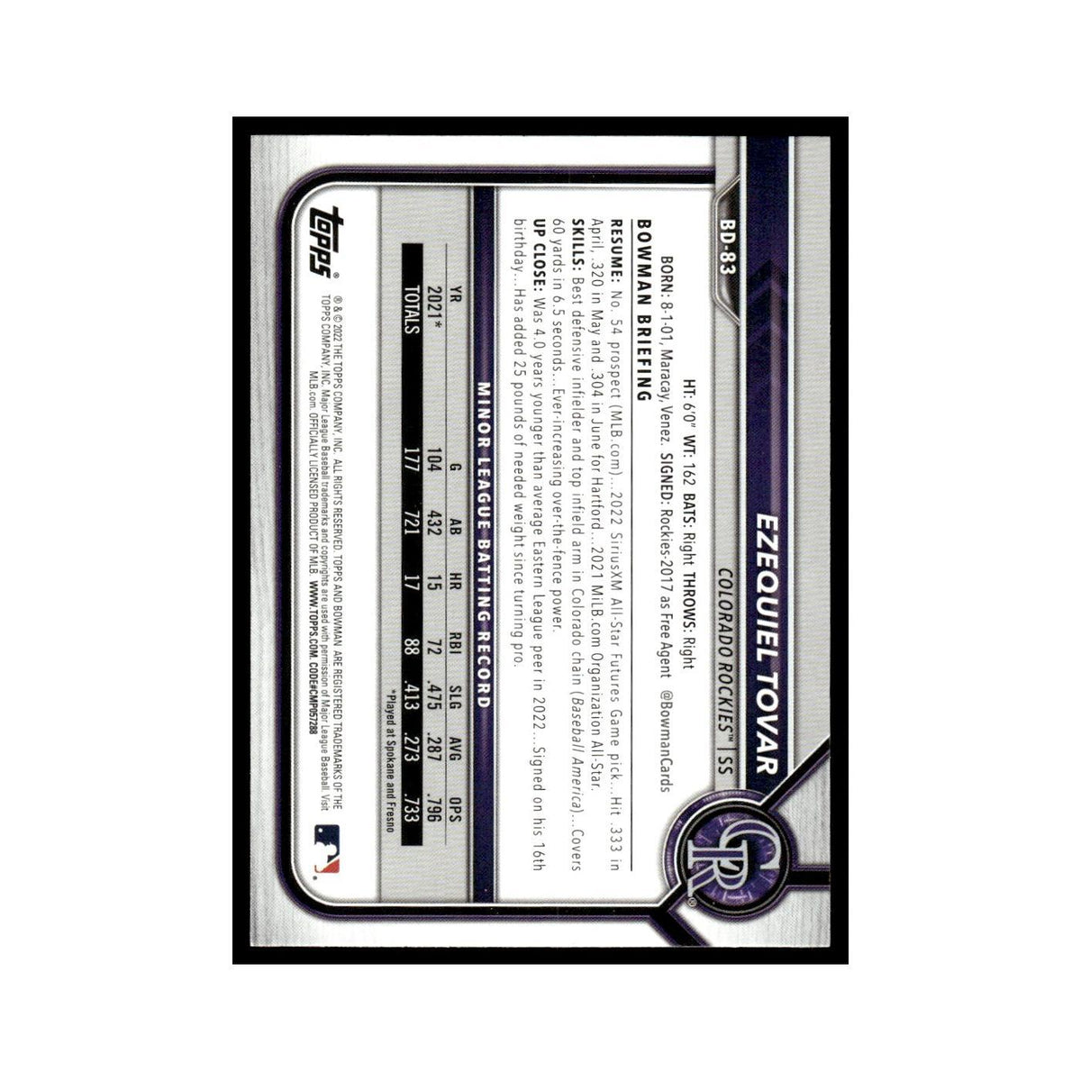 Ezequiel Tovar 2022 Bowman Draft #BD-83 Colorado Rockies Baseball Card NM