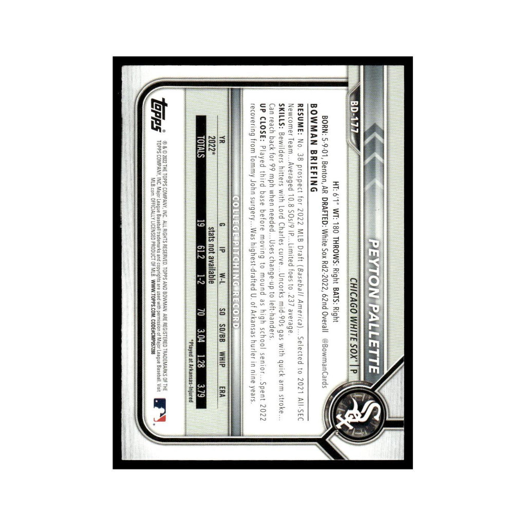 Peyton Pallette 2022 Bowman Draft #BD-177 Chicago White Sox Baseball Card NM