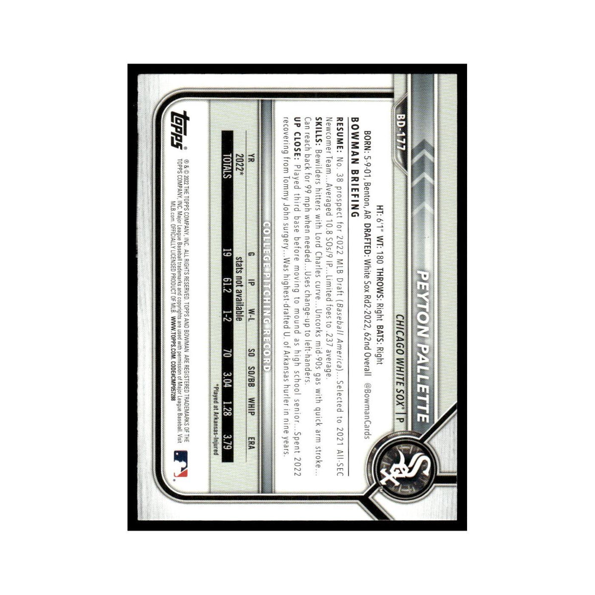 Peyton Pallette 2022 Bowman Draft #BD-177 Chicago White Sox Baseball Card NM