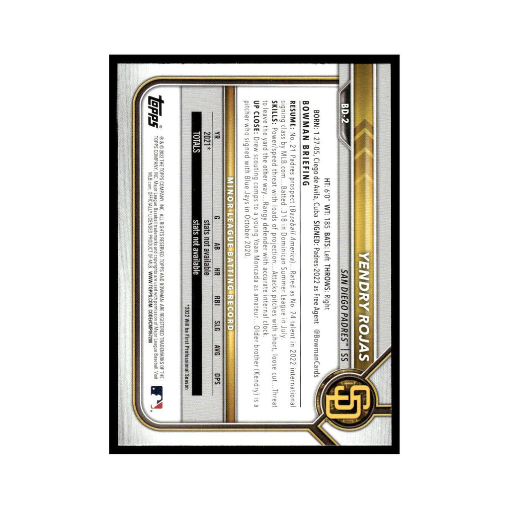 Yendry Rojas 2022 Bowman Draft #BD-2 San Diego Padres Baseball Card NM
