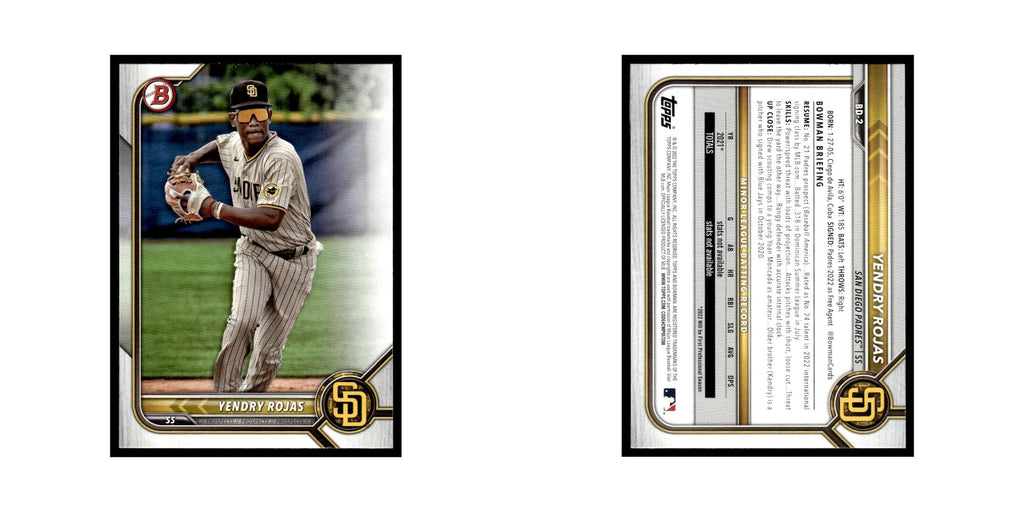 Yendry Rojas 2022 Bowman Draft #BD-2 San Diego Padres Baseball Card NM