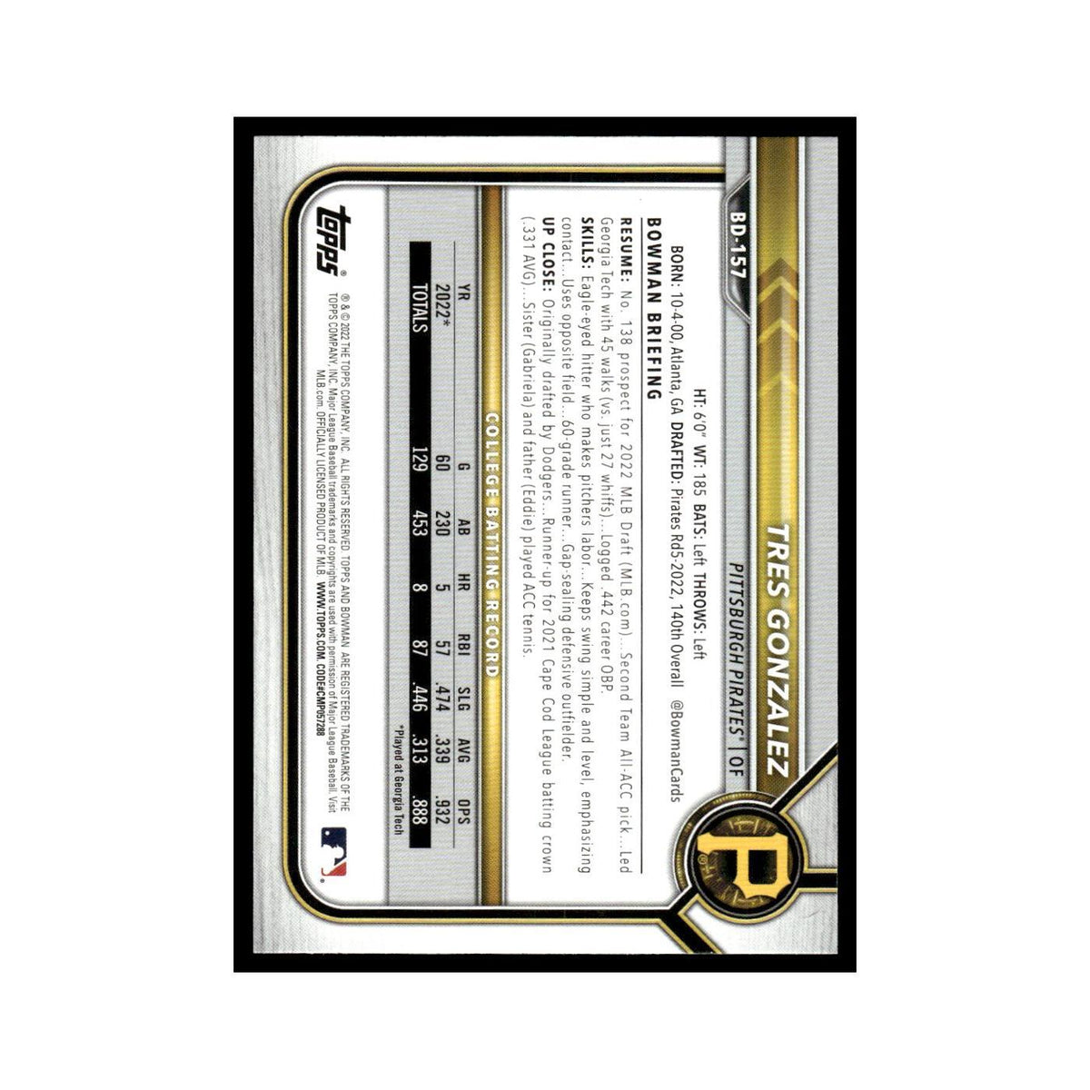 Tres Gonzalez 2022 Bowman Draft #BD-157 Pittsburgh Pirates Baseball Card NM