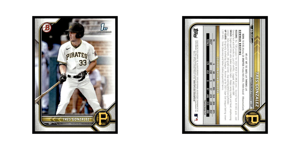 Tres Gonzalez 2022 Bowman Draft #BD-157 Pittsburgh Pirates Baseball Card NM