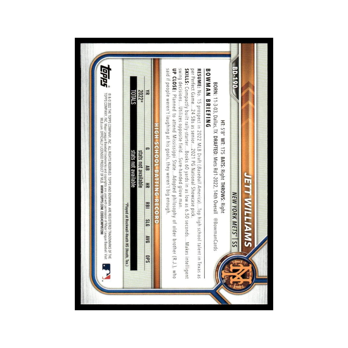 Jett Williams 2022 Bowman Draft #BD-190 New York Mets Baseball Card NM
