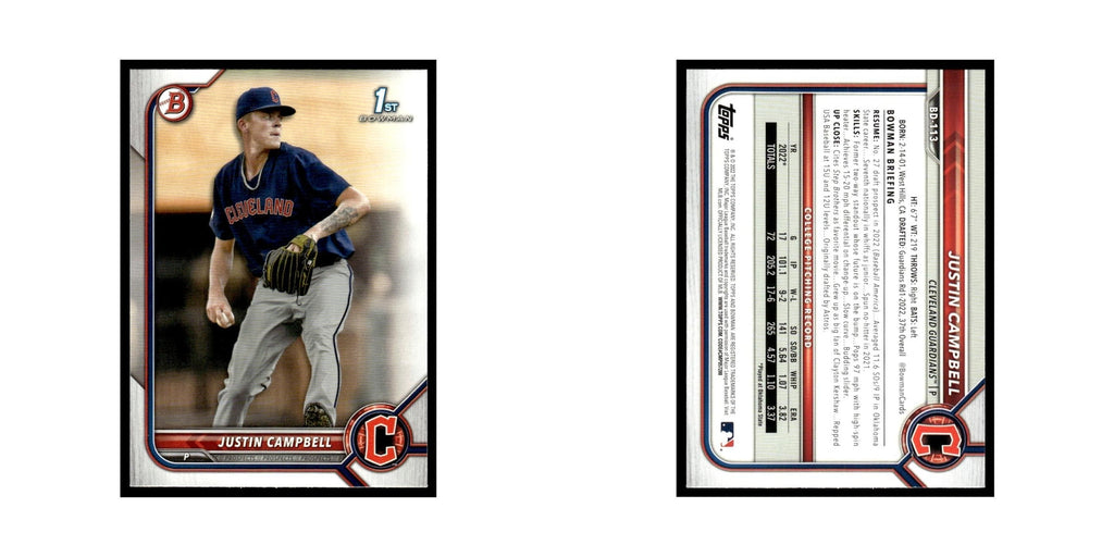 Justin Campbell 2022 Bowman Draft #BD-113 Cleveland Guardians Baseball Card NM
