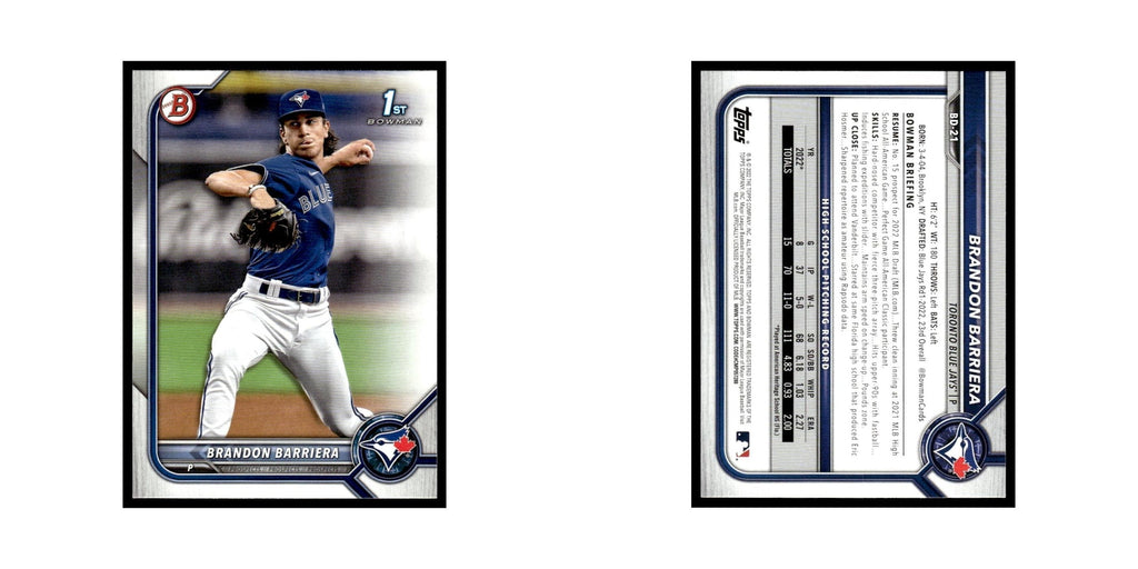 Brandon Barriera 2022 Bowman Draft #BD-21 Toronto Blue Jays Baseball Card NM