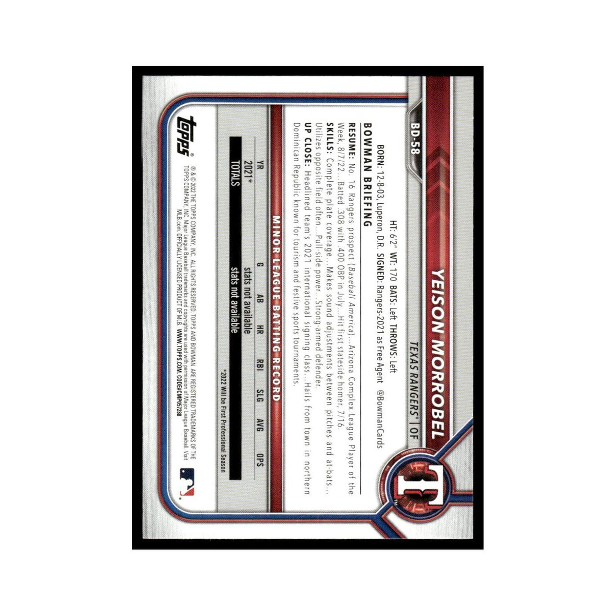 Yeison Morrobel 2022 Bowman Draft #BD-58 Texas Rangers Baseball Card NM