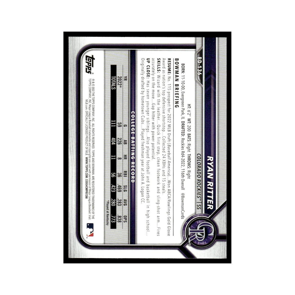Ryan Ritter 2022 Bowman Draft #BD-136 Colorado Rockies Baseball Card NM