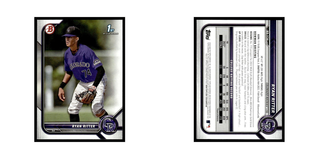 Ryan Ritter 2022 Bowman Draft #BD-136 Colorado Rockies Baseball Card NM