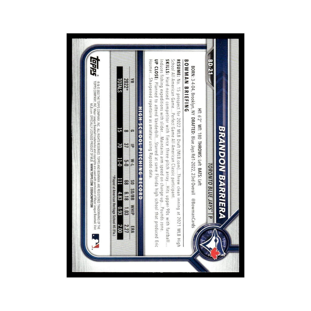 Brandon Barriera 2022 Bowman Draft #BD-21 Toronto Blue Jays Baseball Card NM