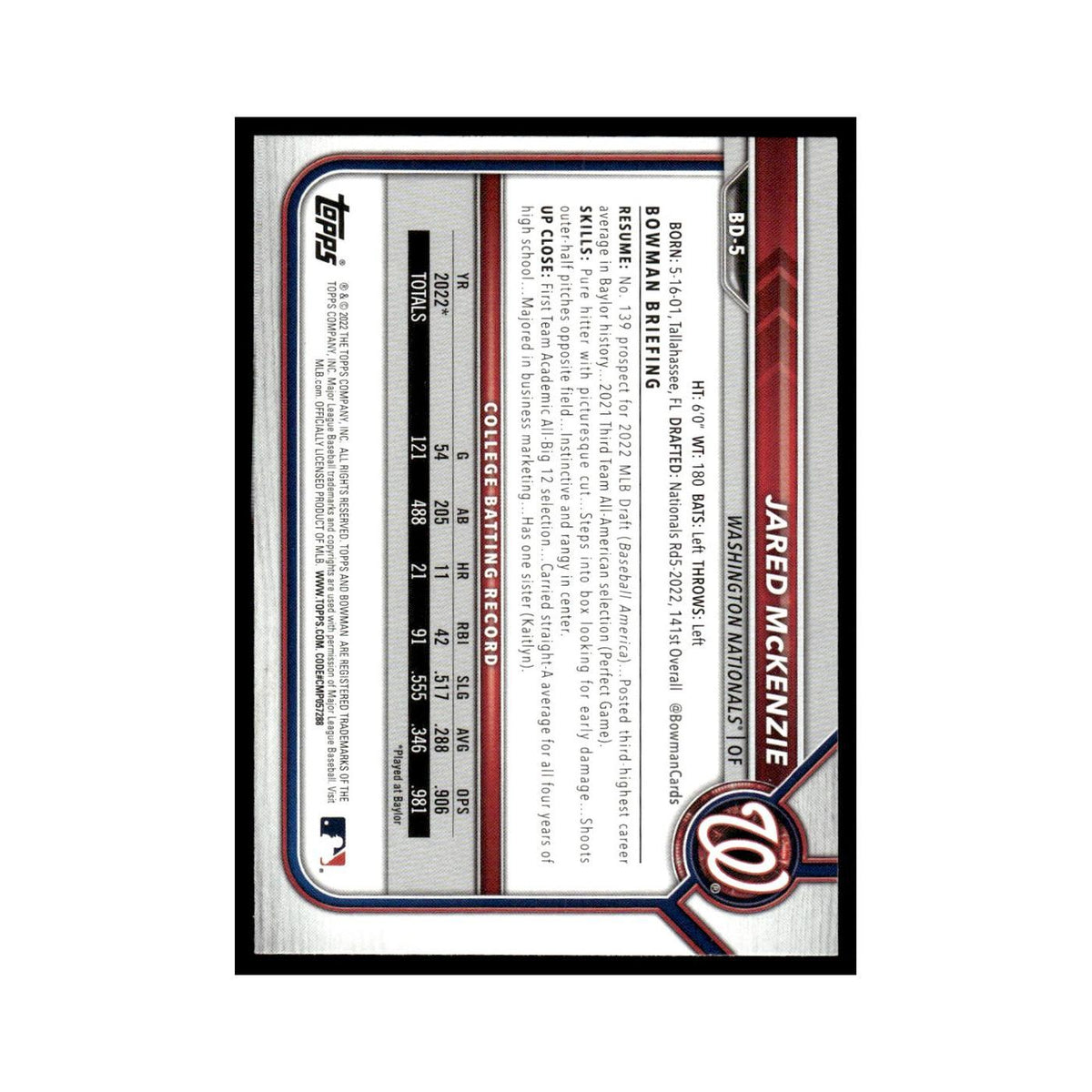 Jared McKenzie 2022 Bowman Draft #BD-5 Washington Nationals Baseball Card NM