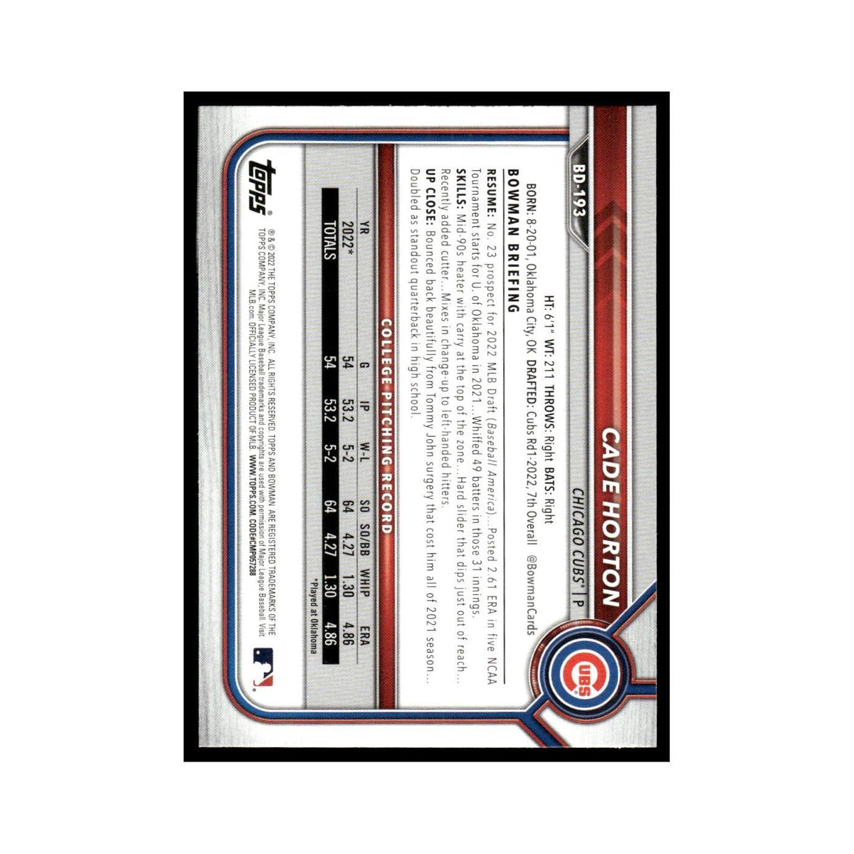 Cade Horton 2022 Bowman Draft #BD-193 Chicago Cubs Baseball Card NM