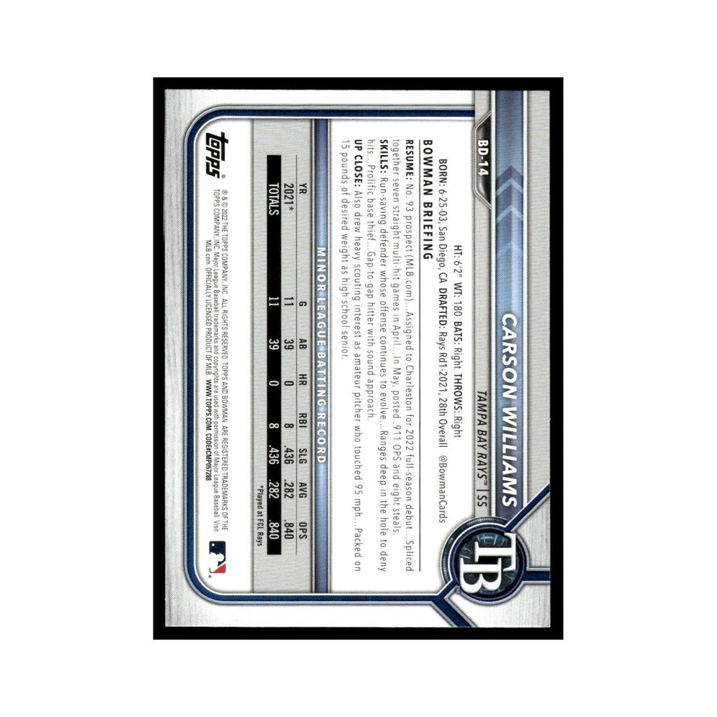 Carson Williams 2022 Bowman Draft #BD-14 Tampa Bay Rays Baseball Card NM
