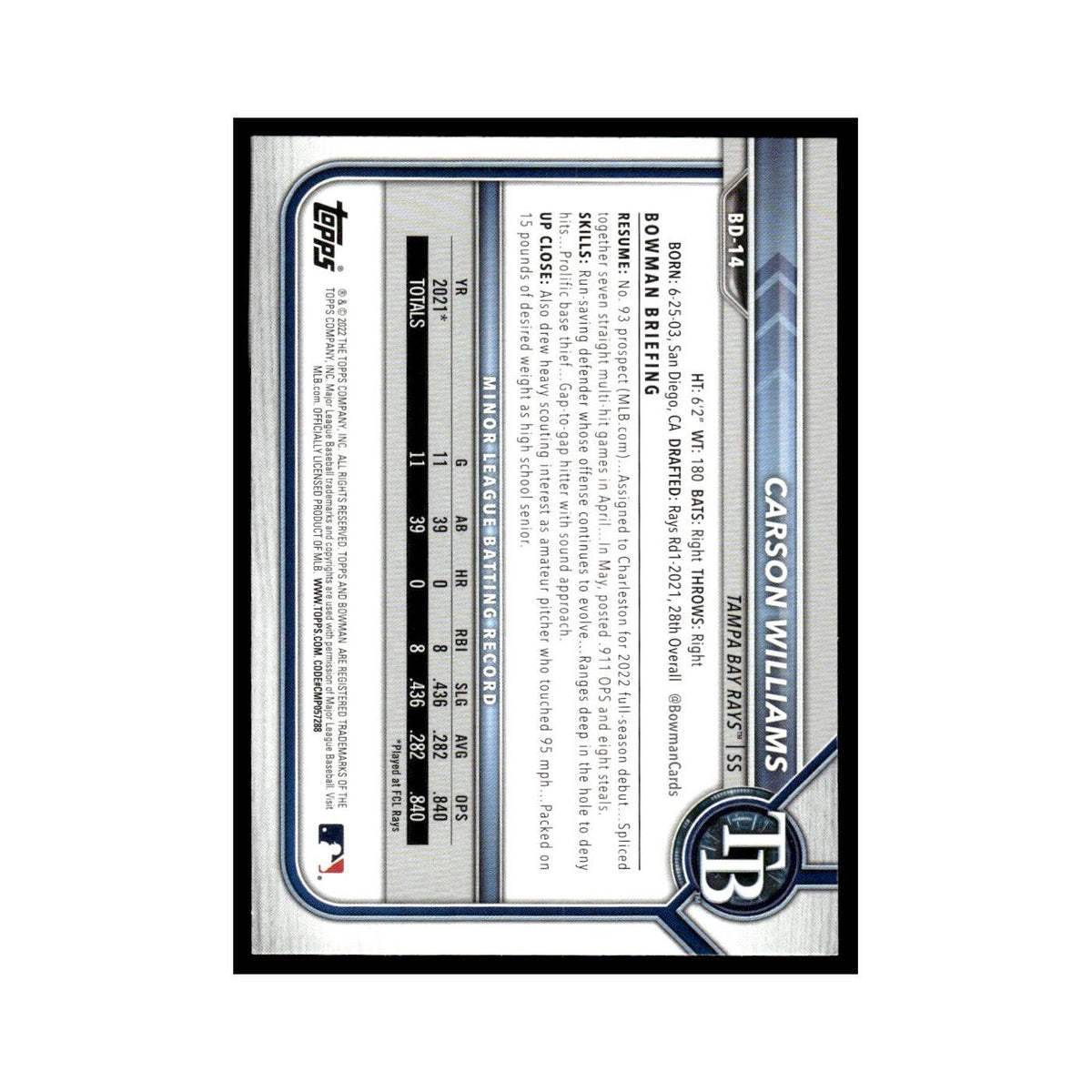 Carson Williams 2022 Bowman Draft #BD-14 Tampa Bay Rays Baseball Card NM
