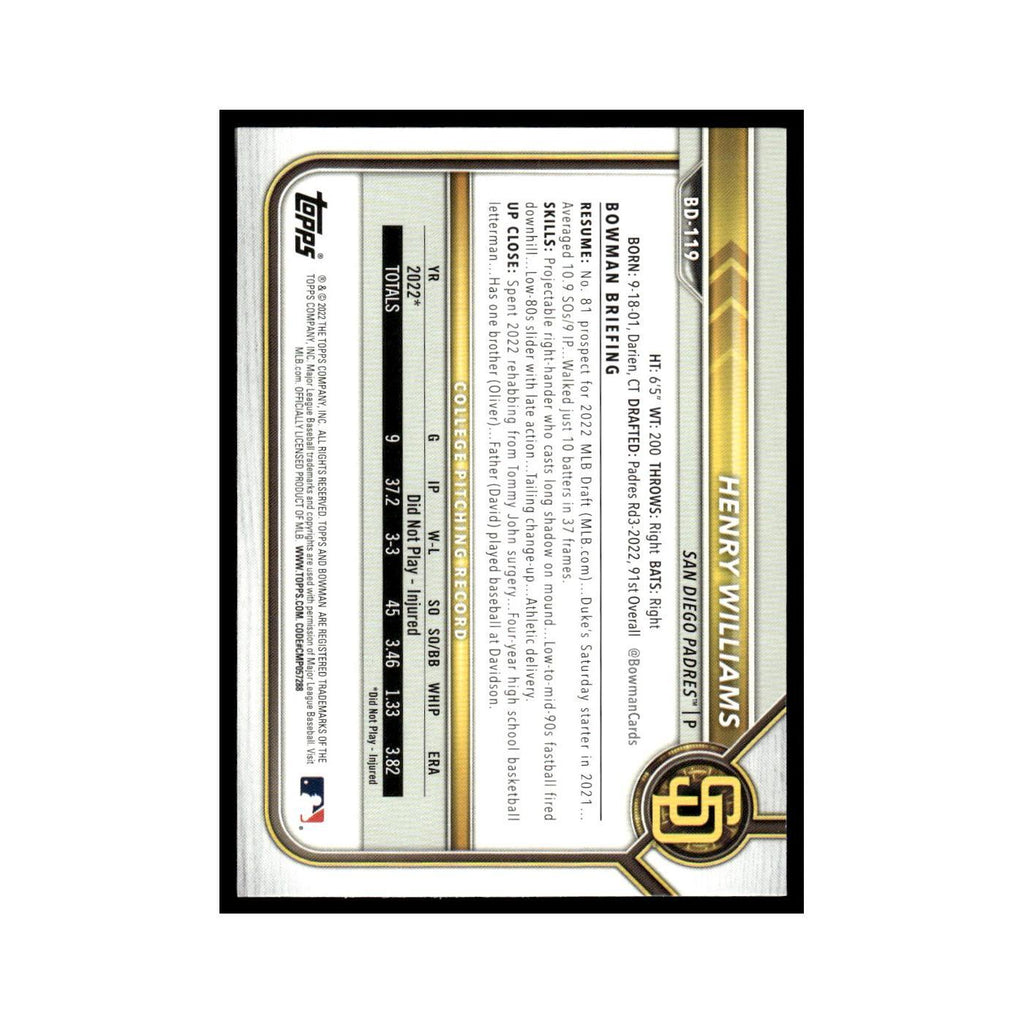 Henry Williams 2022 Bowman Draft #BD-119 San Diego Padres Baseball Card NM