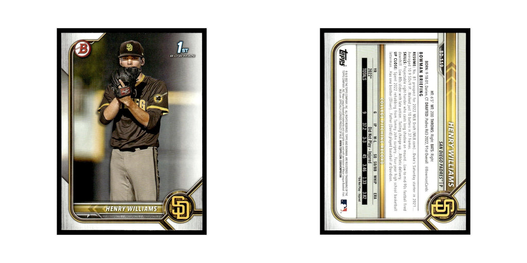 Henry Williams 2022 Bowman Draft #BD-119 San Diego Padres Baseball Card NM