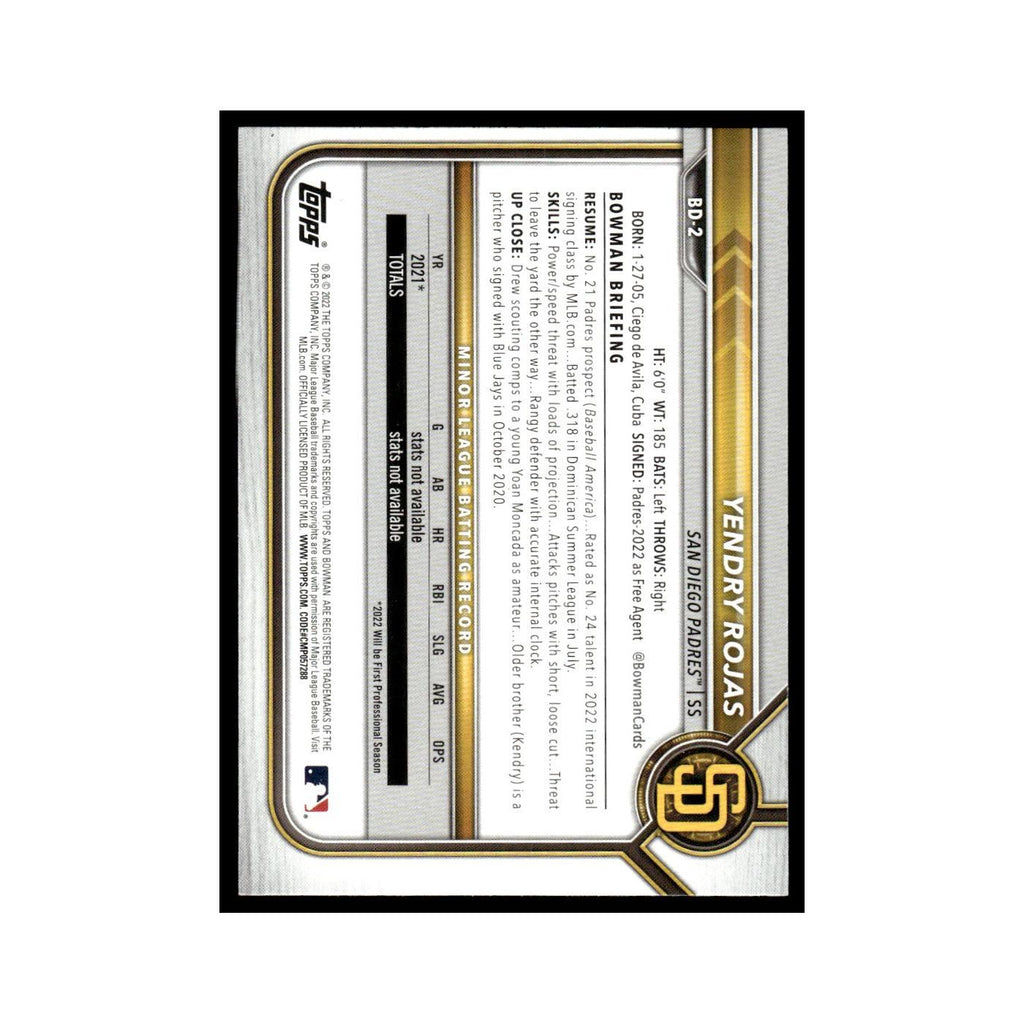 Yendry Rojas 2022 Bowman Draft #BD-2 San Diego Padres Baseball Card NM
