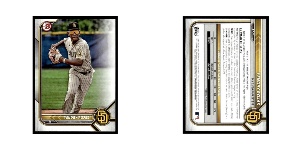 Yendry Rojas 2022 Bowman Draft #BD-2 San Diego Padres Baseball Card NM