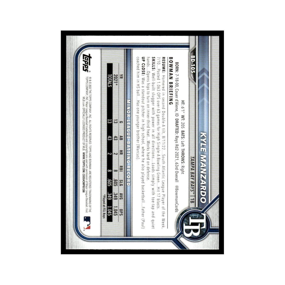 Kyle Manzardo 2022 Bowman Draft #BD-105 Tampa Bay Rays Baseball Card NM