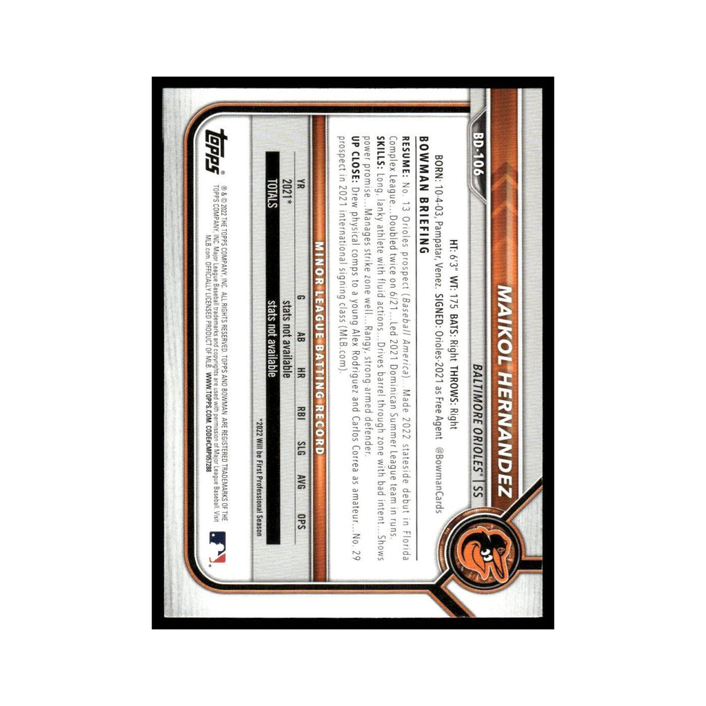 Maikol Hernandez 2022 Bowman Draft #BD-106 Baltimore Orioles Baseball Card NM