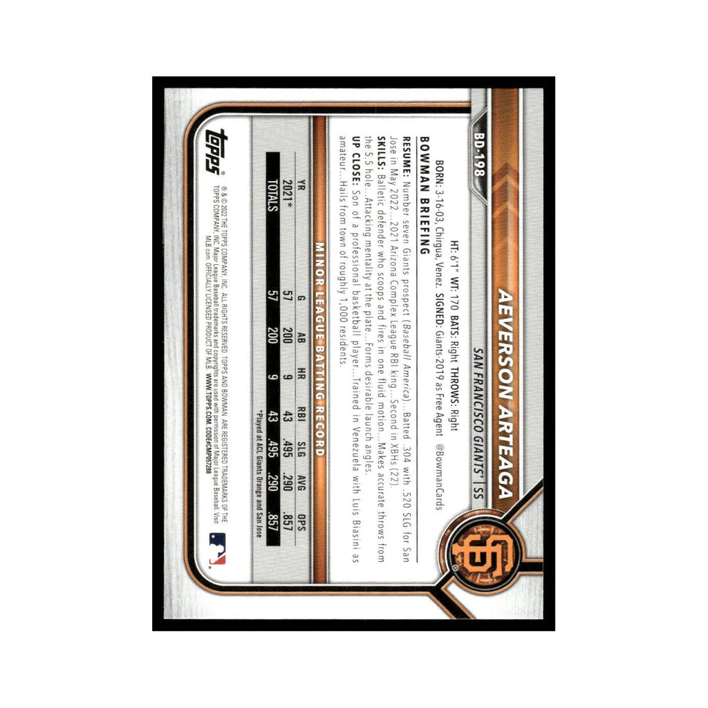 Aeverson Arteaga 2022 Bowman Draft #BD-198 San Francisco Giants Baseball Card NM