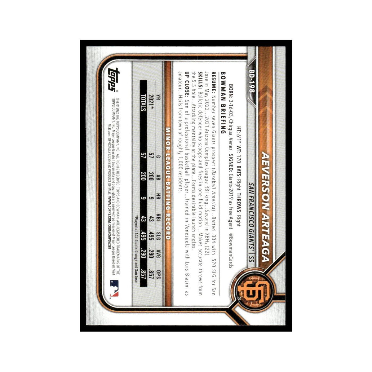Aeverson Arteaga 2022 Bowman Draft #BD-198 San Francisco Giants Baseball Card NM