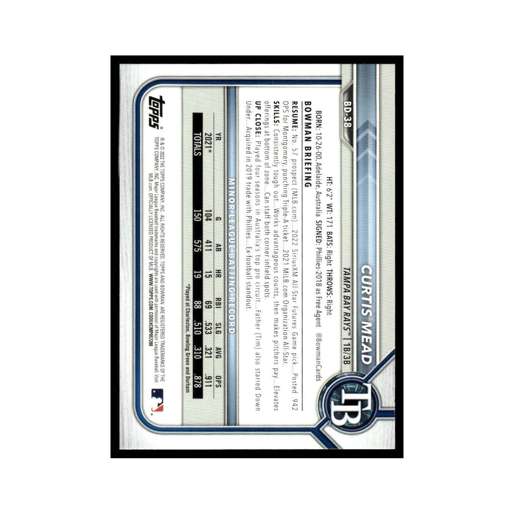 Curtis Mead 2022 Bowman Draft #BD-38 Tampa Bay Rays Baseball Card NM