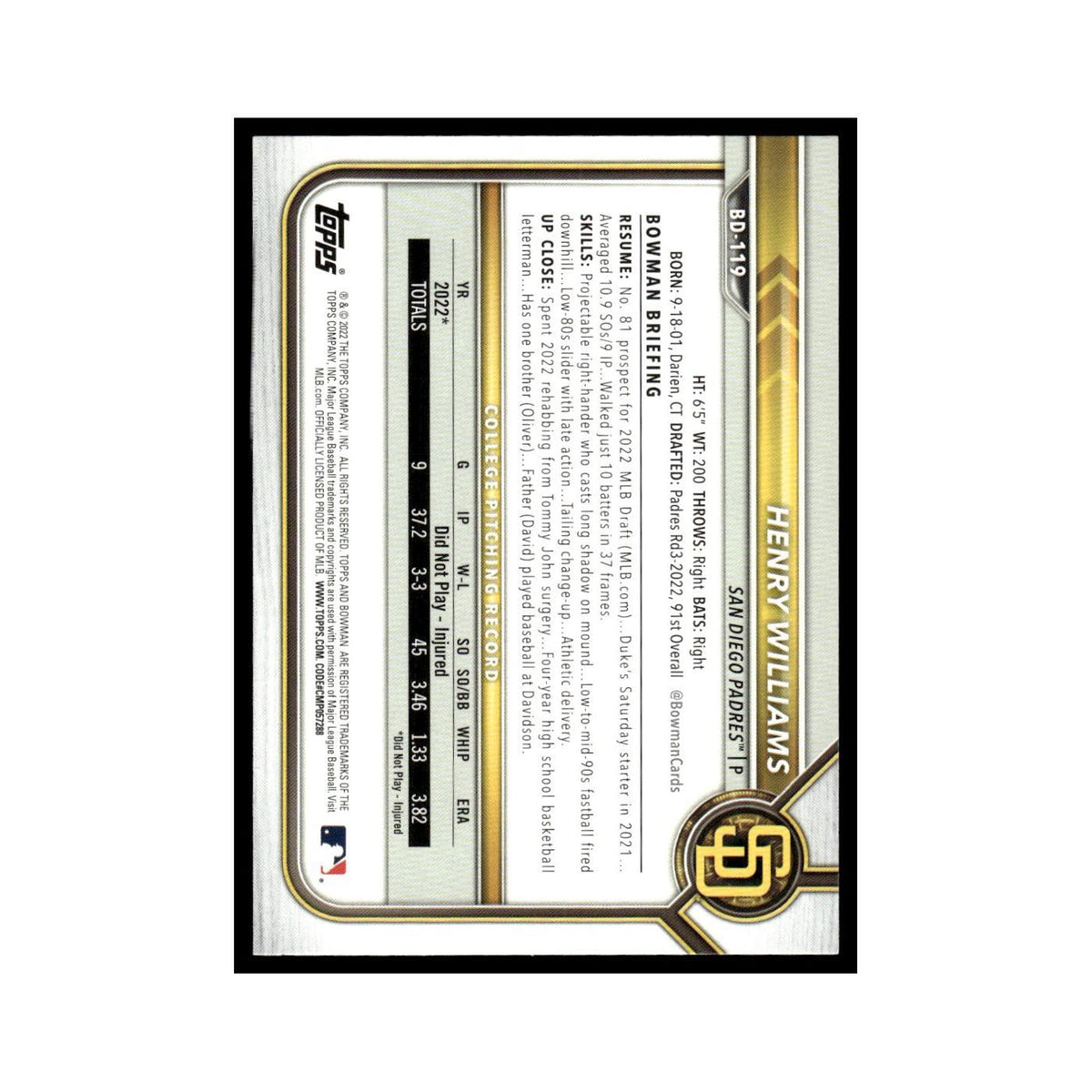 Henry Williams 2022 Bowman Draft #BD-119 San Diego Padres Baseball Card NM