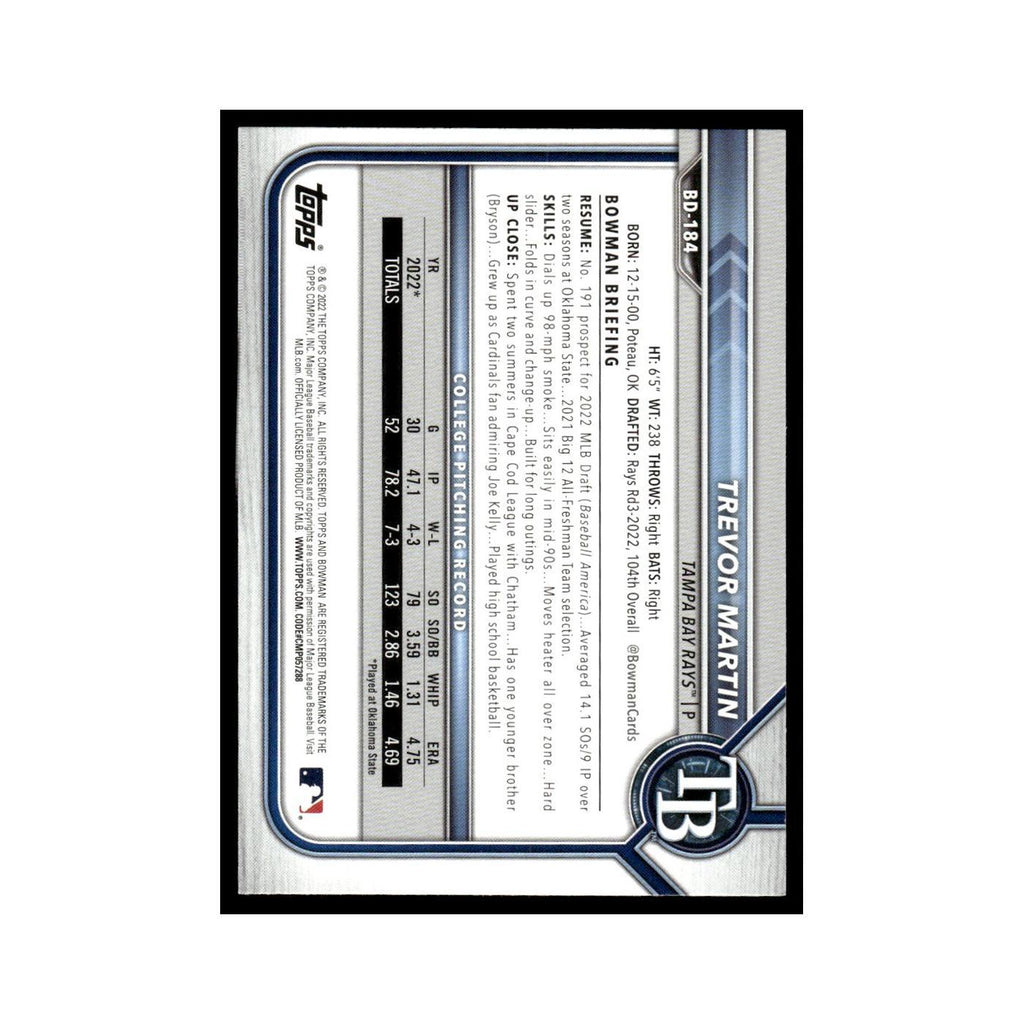 Trevor Martin 2022 Bowman Draft #BD-184 Tampa Bay Rays Baseball Card NM