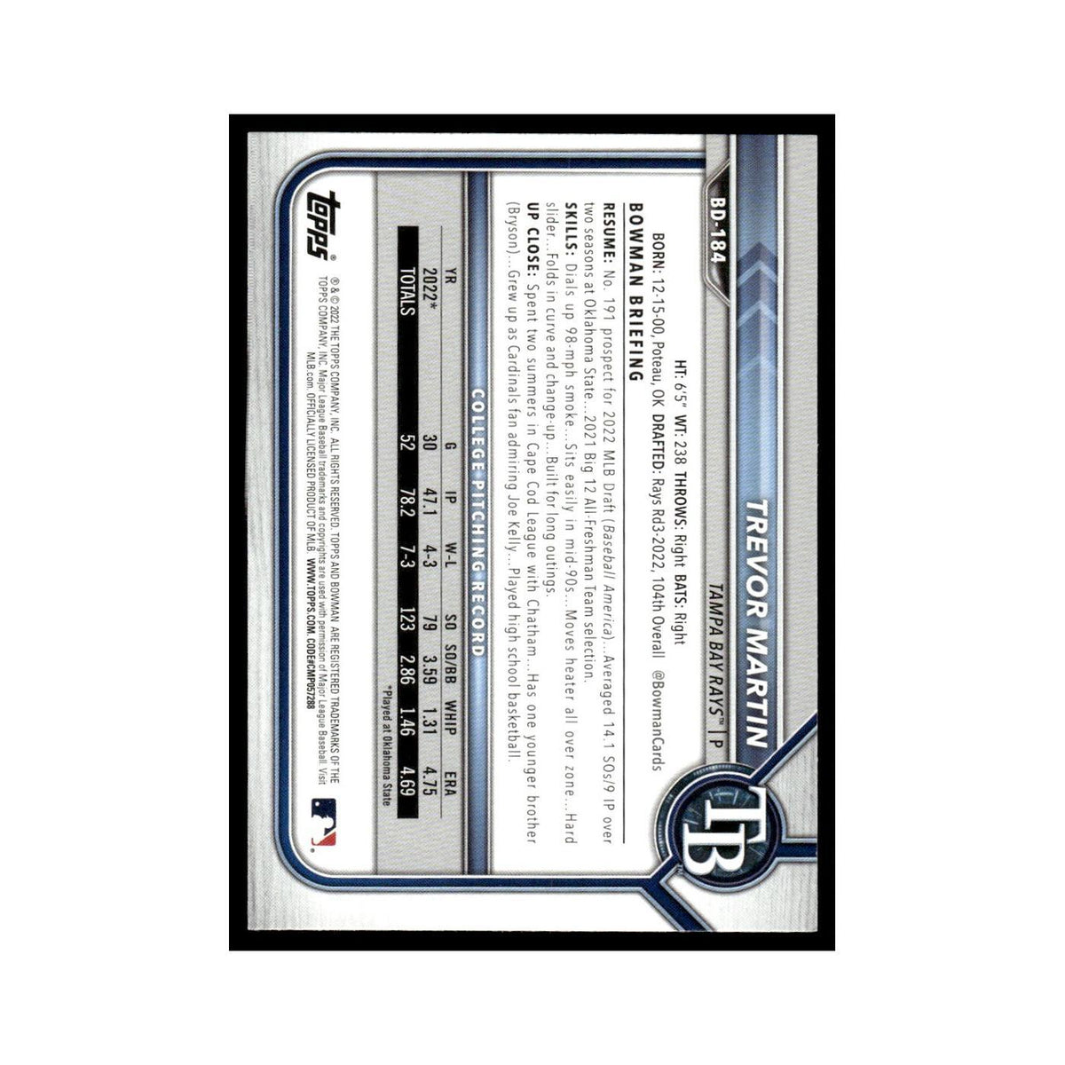 Trevor Martin 2022 Bowman Draft #BD-184 Tampa Bay Rays Baseball Card NM