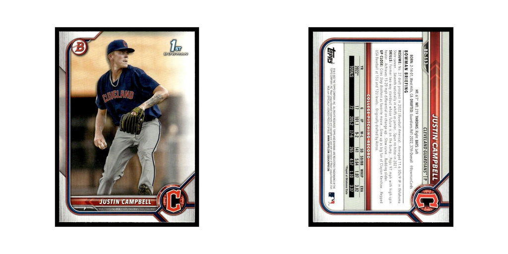 Justin Campbell 2022 Bowman Draft #BD-113 Cleveland Guardians Baseball Card NM