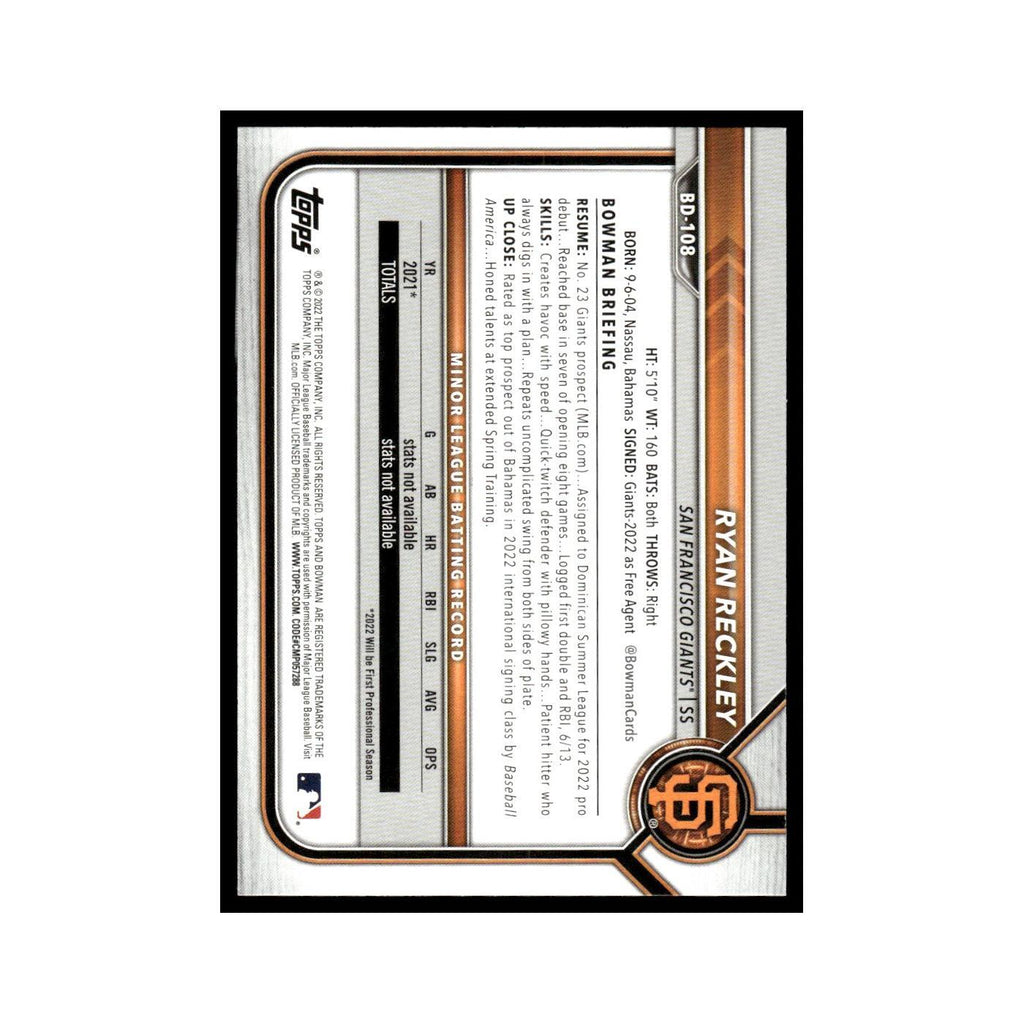 Ryan Reckley 2022 Bowman Draft #BD-108 San Francisco Giants Baseball Card NM
