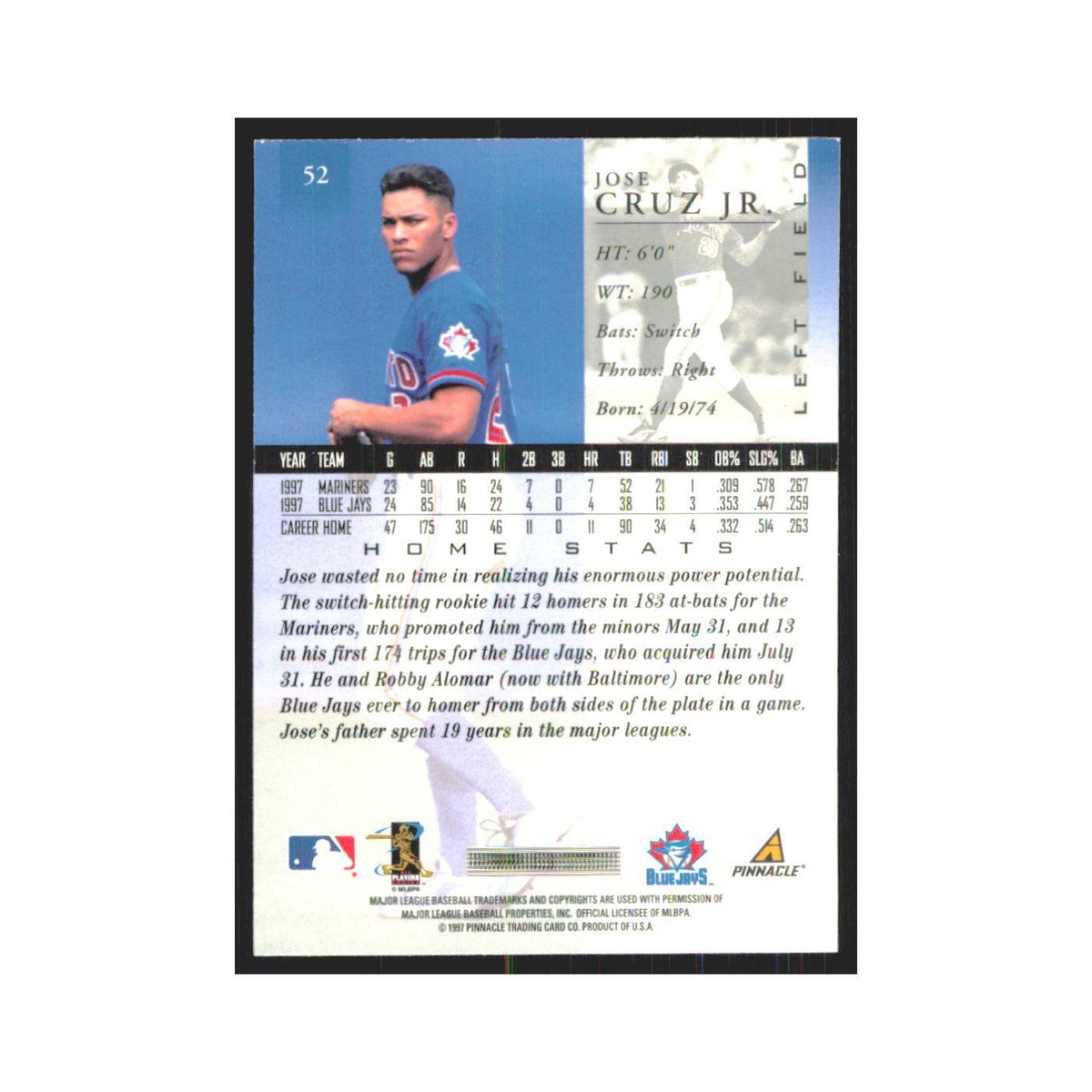 1998 Pinnacle Jose Cruz Jr. Blue Jays #52