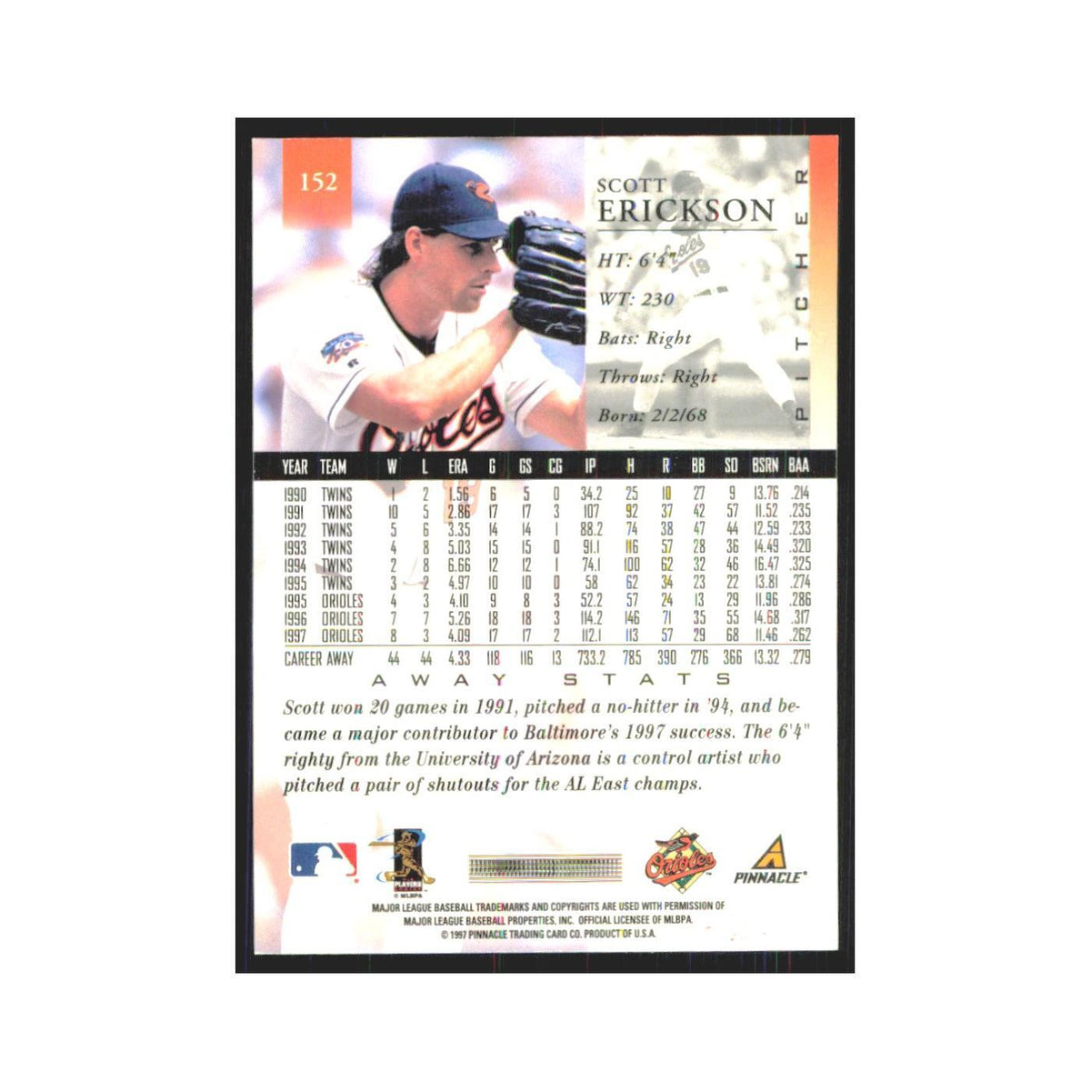 1998 Pinnacle Scott Erickson Orioles #152