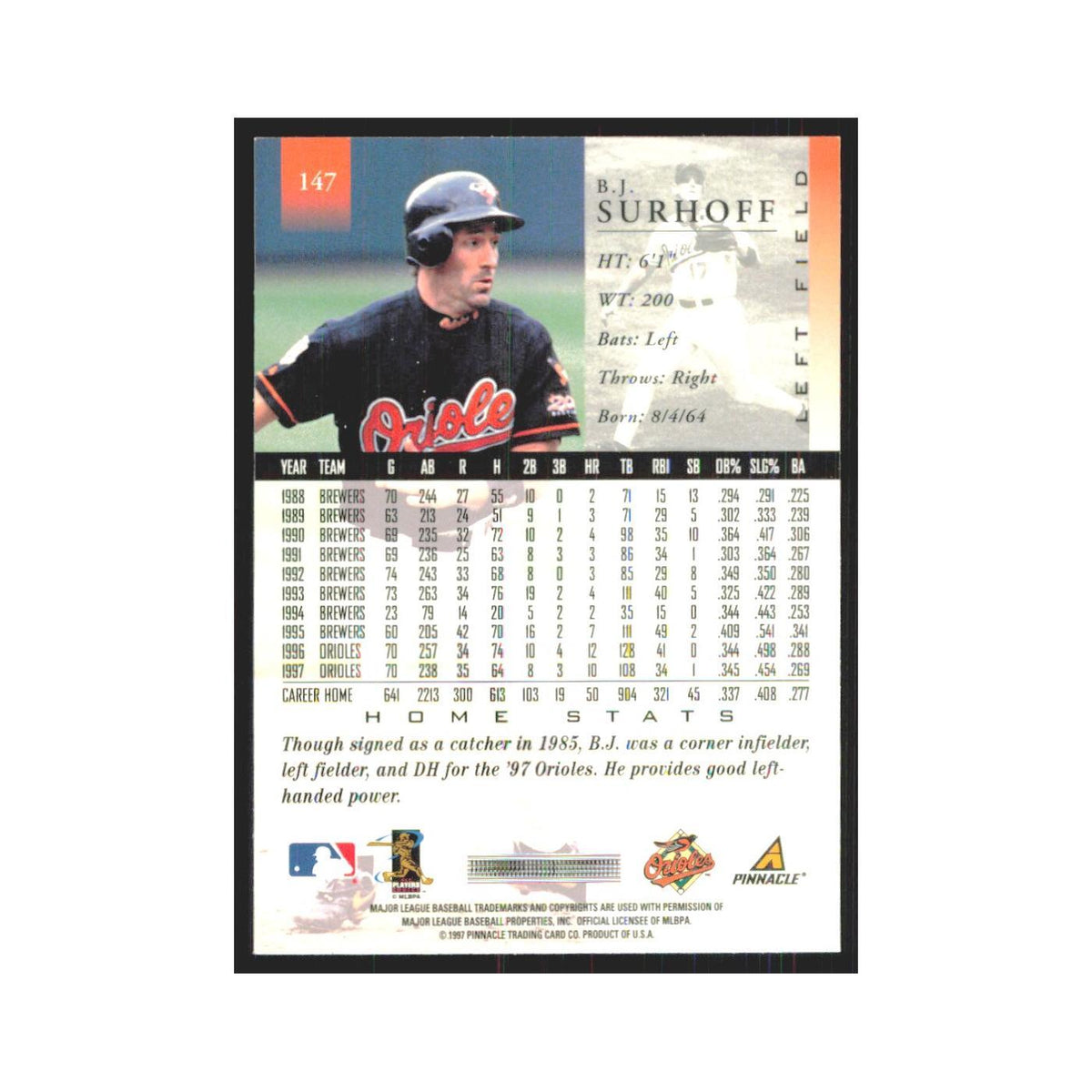 1998 Pinnacle B.J. Surhoff Orioles #147