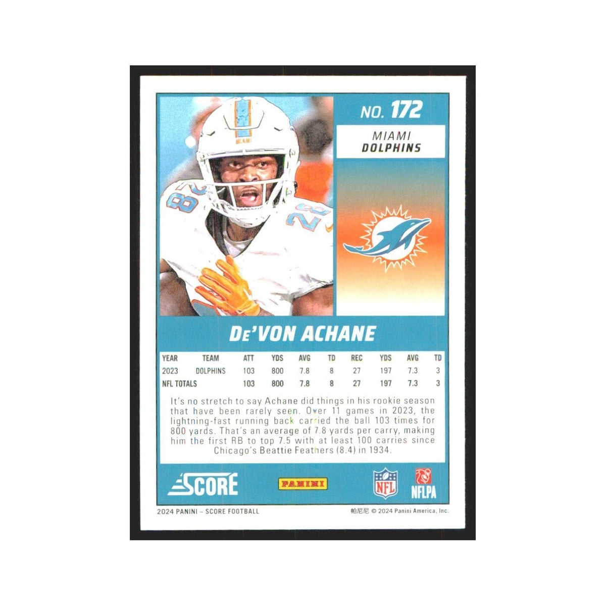2024 Score De'Von Achane Dolphins #172